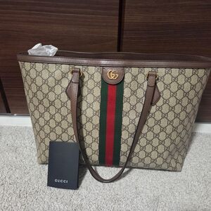 Gucci Beige Tote Bag with Brown and Green-Red Stripes